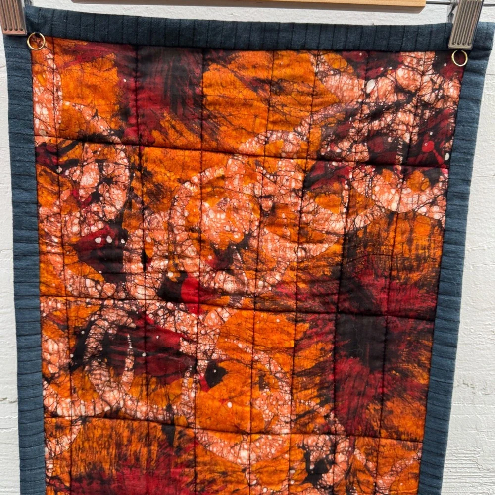 handmade tapestry Quilted Wall Hang Orange Floral Fiber Art Vase Flowers 3D